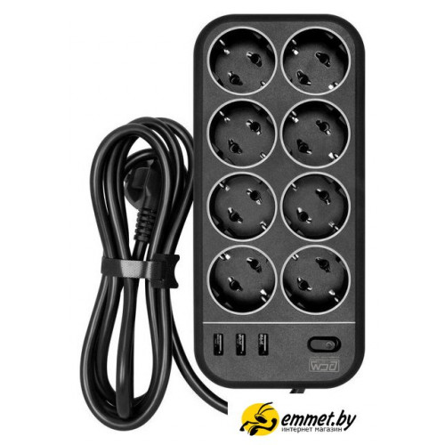 Сетевой фильтр Powercom SP-08 USB03AB (3 м, 8 розеток, черный)