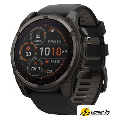 Умные часы Garmin Fenix 8 Solar, Sapphire 51мм (титановый угольно-серый с DLC-покрытием и черным ремешком)