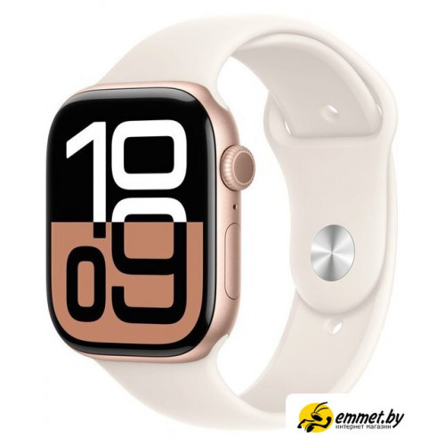 Умные часы Apple Watch Series 10 46 мм (алюминиевый корпус, розовое золото/звездный свет, спортивный силиконовый ремешок M/L)