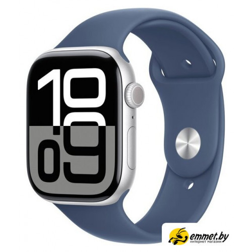 Умные часы Apple Watch Series 10 46 мм (алюминиевый корпус, серебристый/синий, спортивный силиконовый ремешок S/M)
