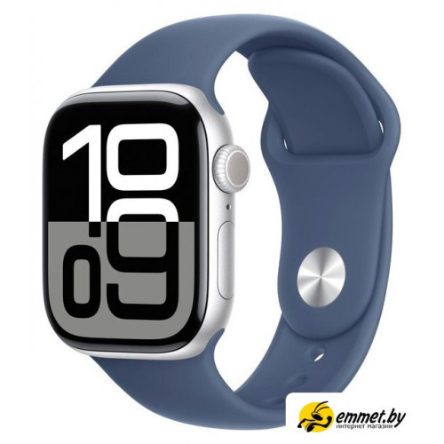 Умные часы Apple Watch Series 10 42 мм (алюминиевый корпус, серебристый/синий, спортивный силиконовый ремешок M/L)