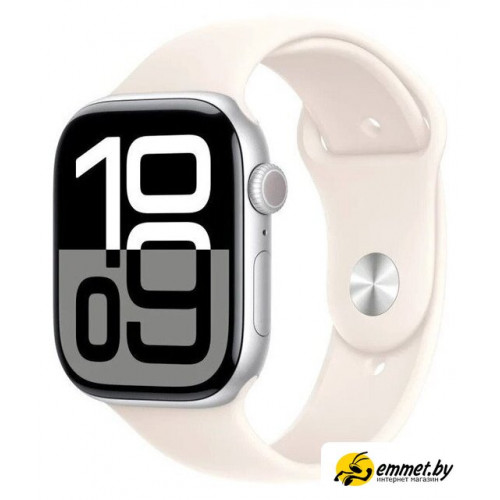 Умные часы Apple Watch Series 10 46 мм (алюминиевый корпус, серебристый/звездный свет, спортивный силиконовый ремешок M/L)