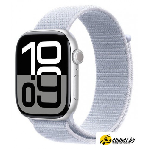 Умные часы Apple Watch Series 10 42 мм (алюминиевый корпус, серебристый/голубой, нейлоновый ремешок)