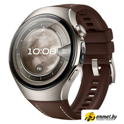 Умные часы Huawei Watch 5 46 мм (титановый, с коричневым силиконовым ремешком, международная версия)