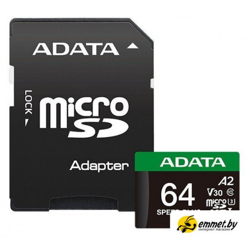 Карта памяти ADATA SPEED PLUS microSDXC 64GB UD64GUI3V30A2SP-RA1 (с адаптером)