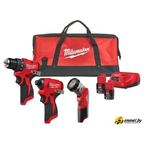 Наборы электроинструментов Milwaukee M12 BLPP3A-202B 4933499694 (шуруповерт, винтоверт, фонарь, 2 АКБ, сумка)