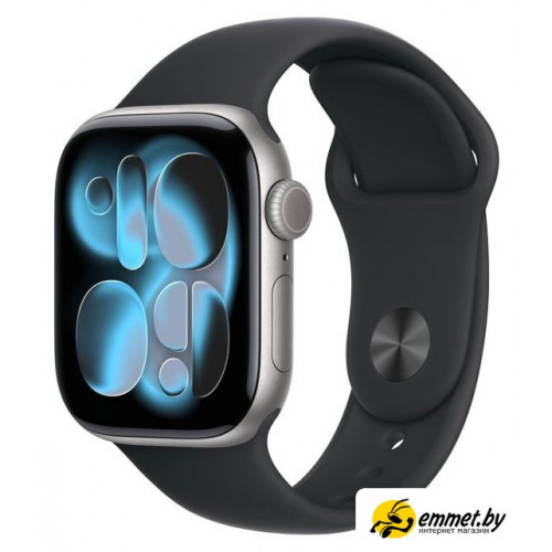 Умные часы Apple Watch Series 11 42 мм (алюминиевый корпус, космический серый/черный, спортивный силиконовый ремешок S/M)