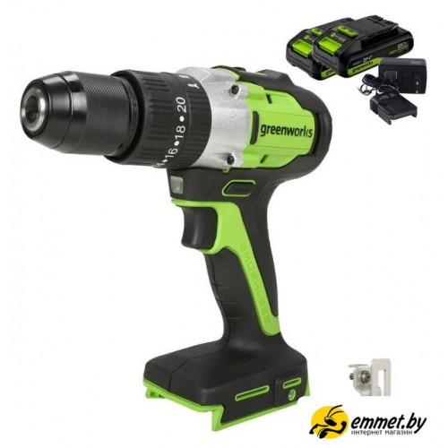 Ударная дрель-шуруповерт Greenworks GD24DD60 3704107CUC (с 2-мя АКБ)