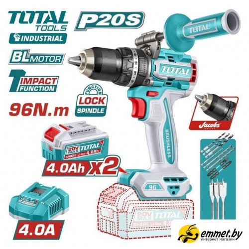 Ударная дрель-шуруповерт Total TIDLI209686 (с 2-мя АКБ, кейс)
