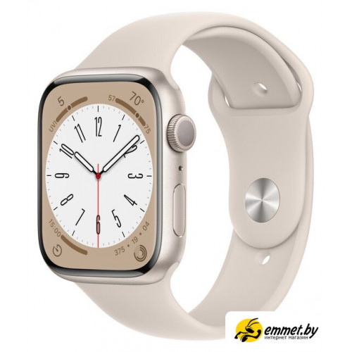 Умные часы Apple Watch Series 8 45 мм (алюминиевый корпус, звездный свет/звездный свет, спортивный силиконовый ремешок M/L)