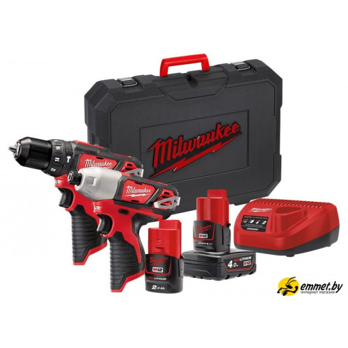 Наборы электроинструментов Milwaukee M12 M12BPP2B-421C 4933443497 (шуруповерт, винтоверт, 2 АКБ, кейс)