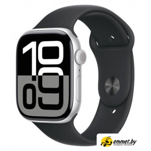 Умные часы Apple Watch Series 10 46 мм (алюминиевый корпус, серебристый/черный, спортивный силиконовый ремешок S/M)